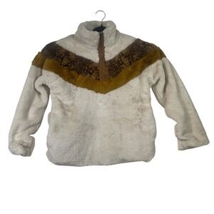 Womens Mystree Fuzzy‎ Faux Fur Pullover Sweater Brown Chevron Pattern Small